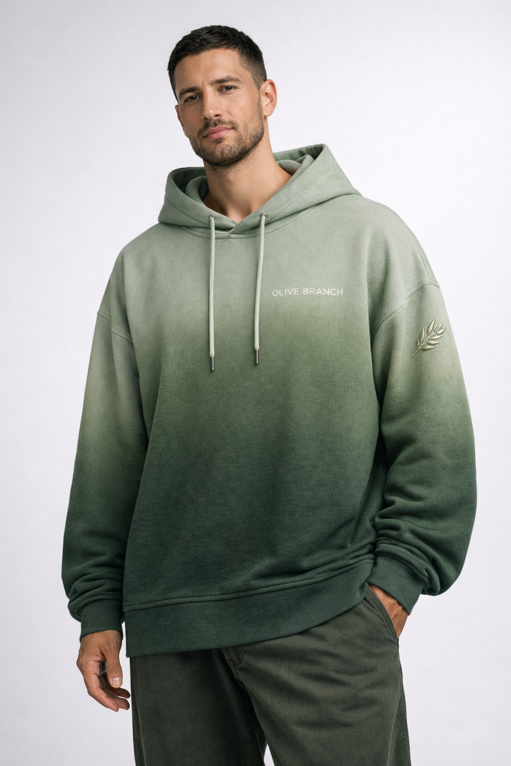 Olive Branch Hoodie Sage Wash — on model