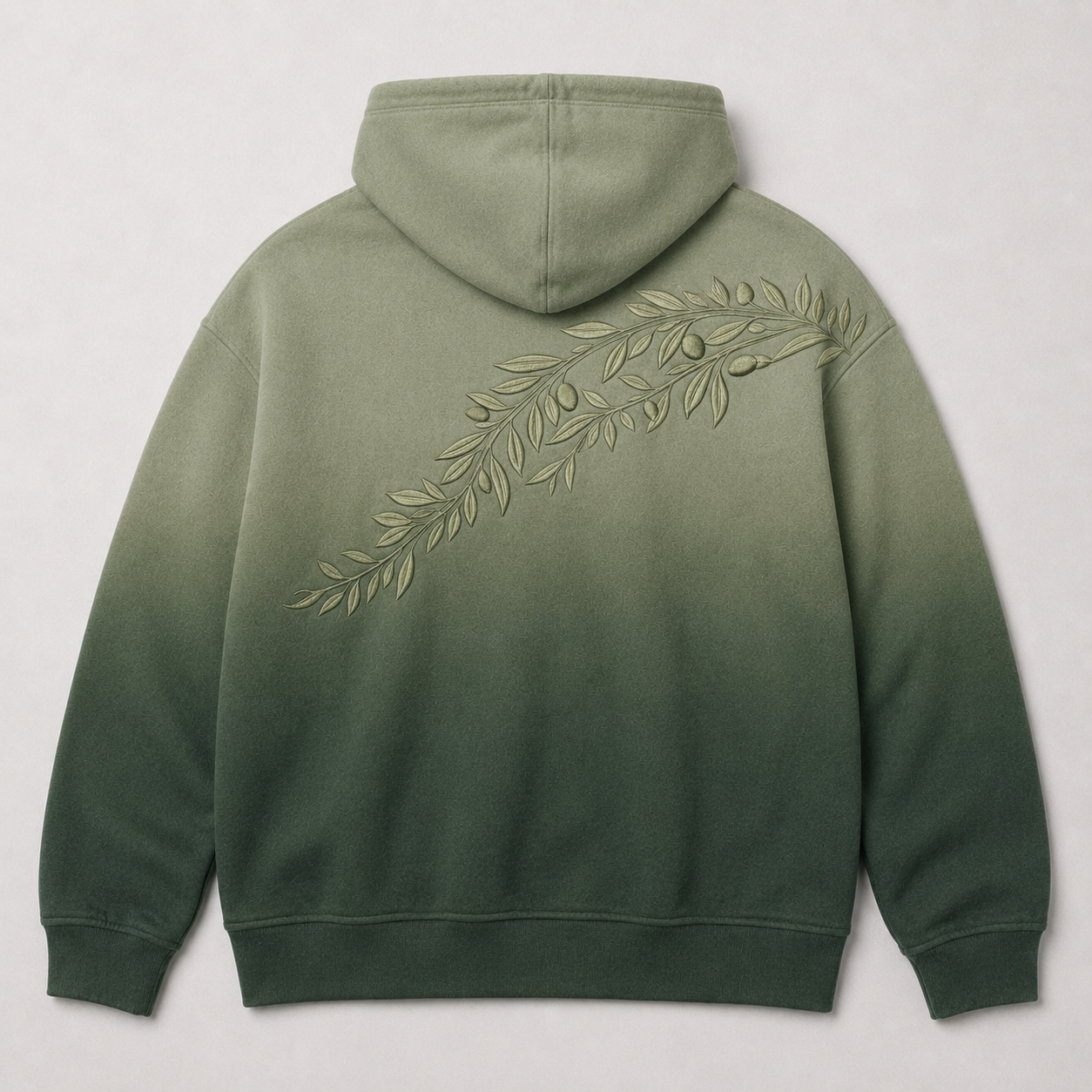 Tevilah Olive Branch forest-green hoodie — back with embroidered olive branch