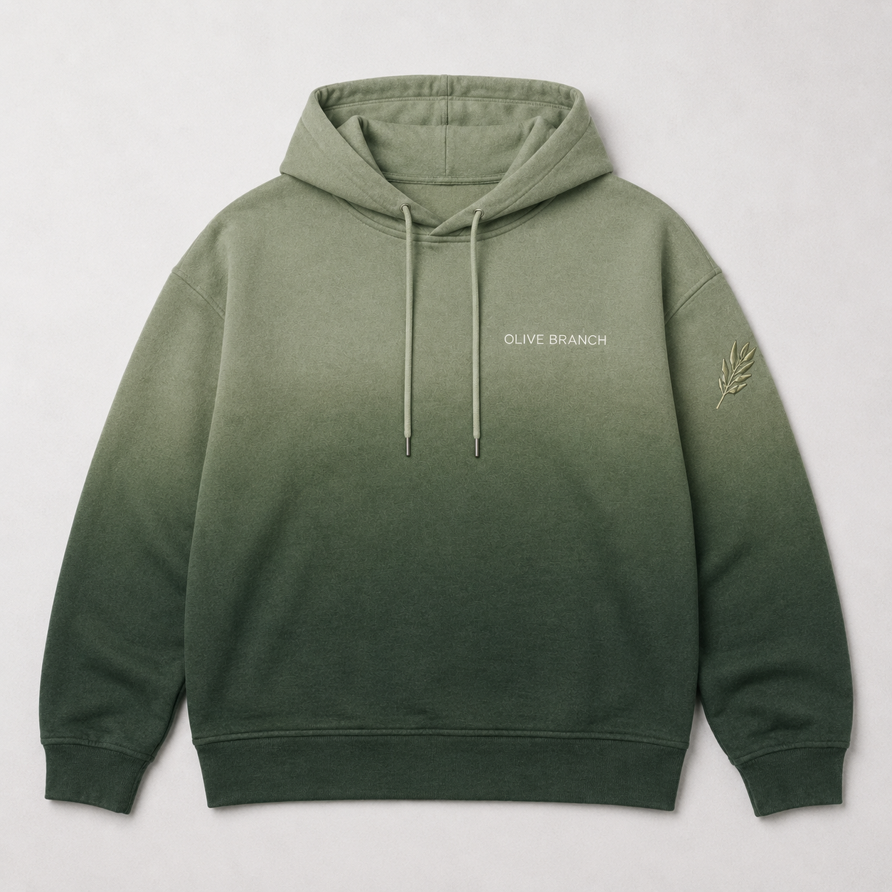 Tevilah Olive Branch forest-green hoodie — front with embroidered wordmark