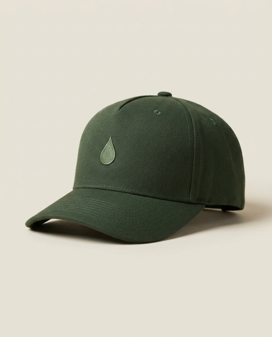 Tevilah curved-bill snapback in forest green with tonal embroidered water-drop