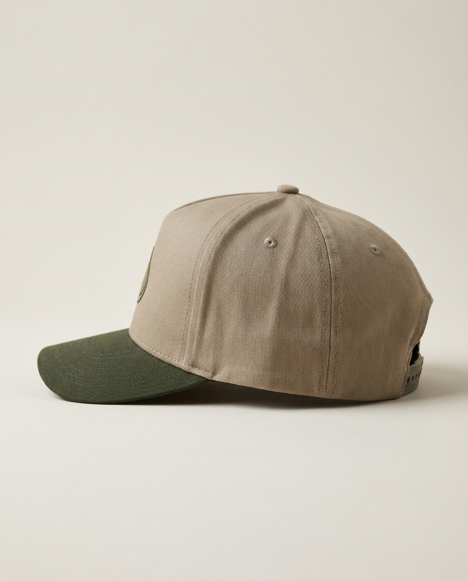 Tevilah stone snapback with olive underbrim — side profile