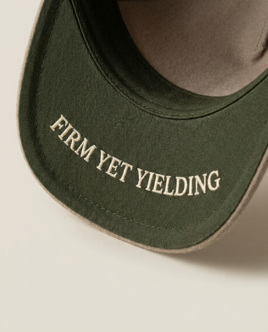Tevilah stone snapback — olive underbrim reading Firm yet yielding