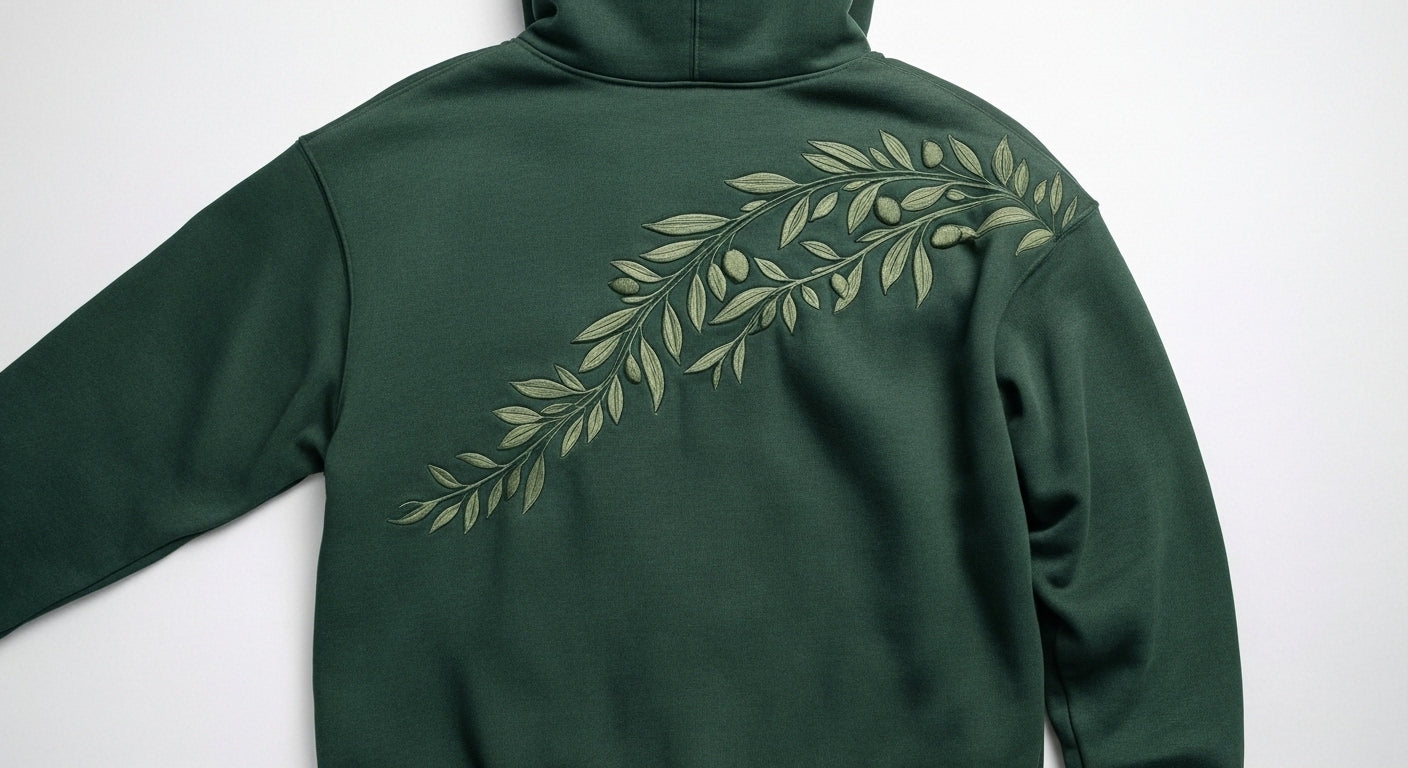 Tevilah Olive Branch hoodie — back olive branch detail
