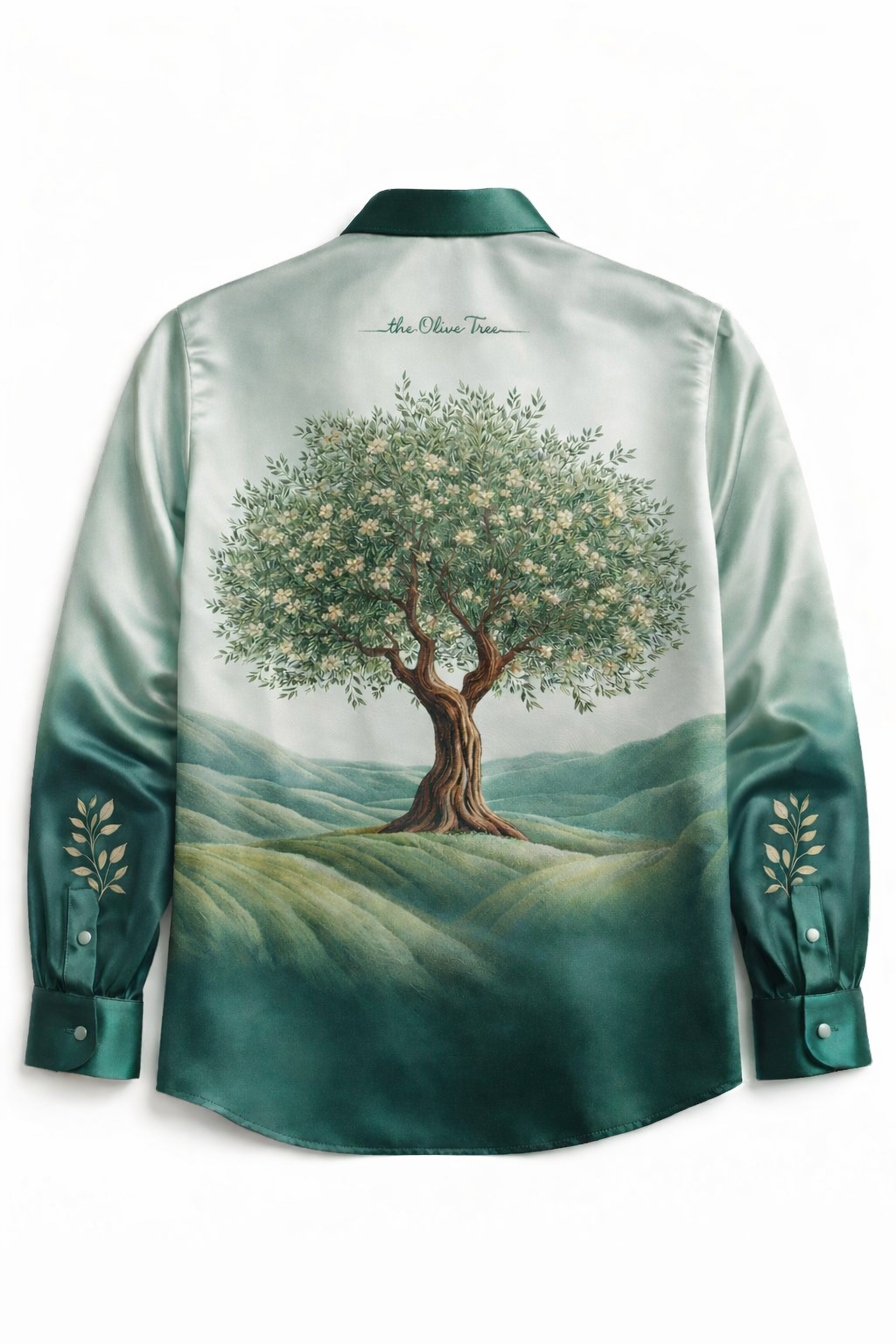 Tevilah The Olive Tree long-sleeve silk shirt — back with hand-painted olive tree print