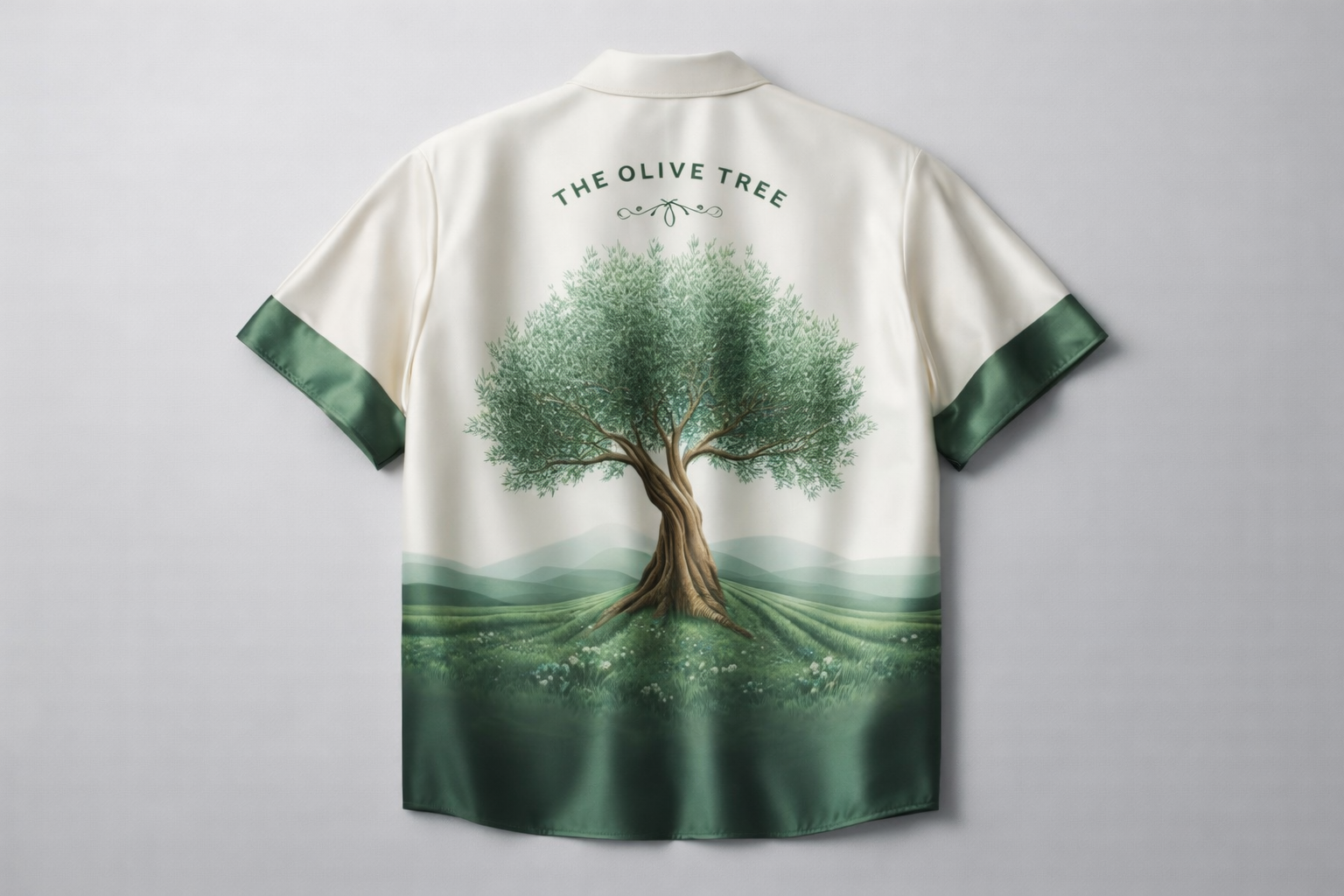 Tevilah The Olive Tree short-sleeve silk shirt — back with olive tree print
