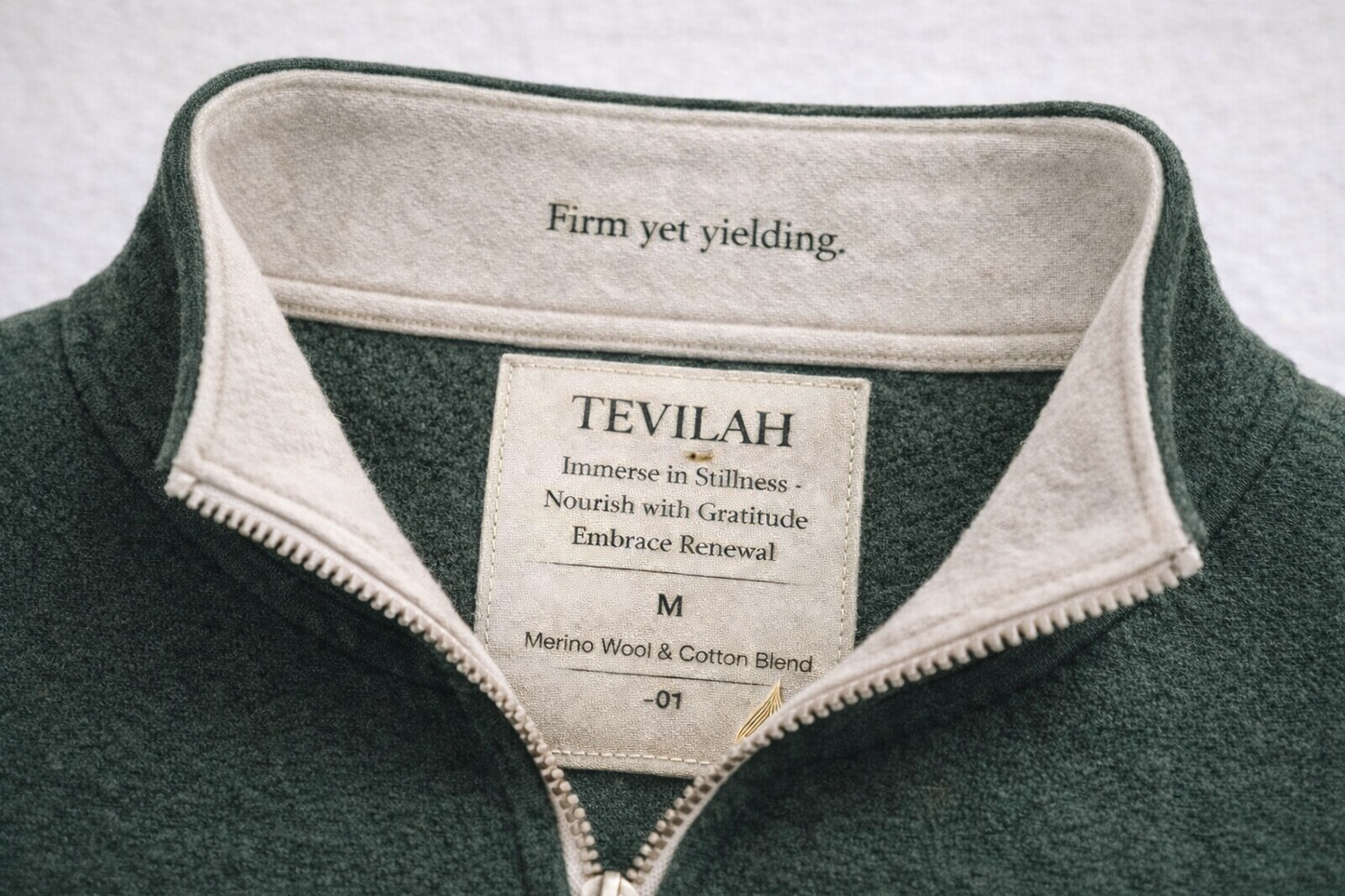 Tevilah Firm Yet Yielding quarter-zip — ivory collar detail reading firm yet yielding
