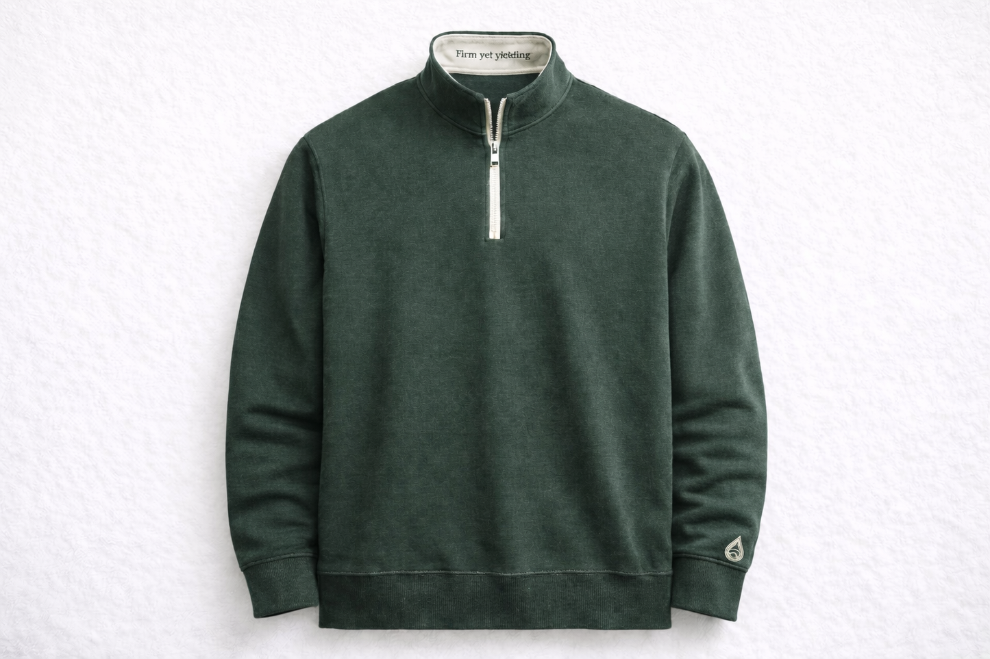Tevilah Firm Yet Yielding forest-green quarter-zip — front